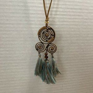 NWOT Womens leather corded blue brown tassle‎ BOHO statement necklace B